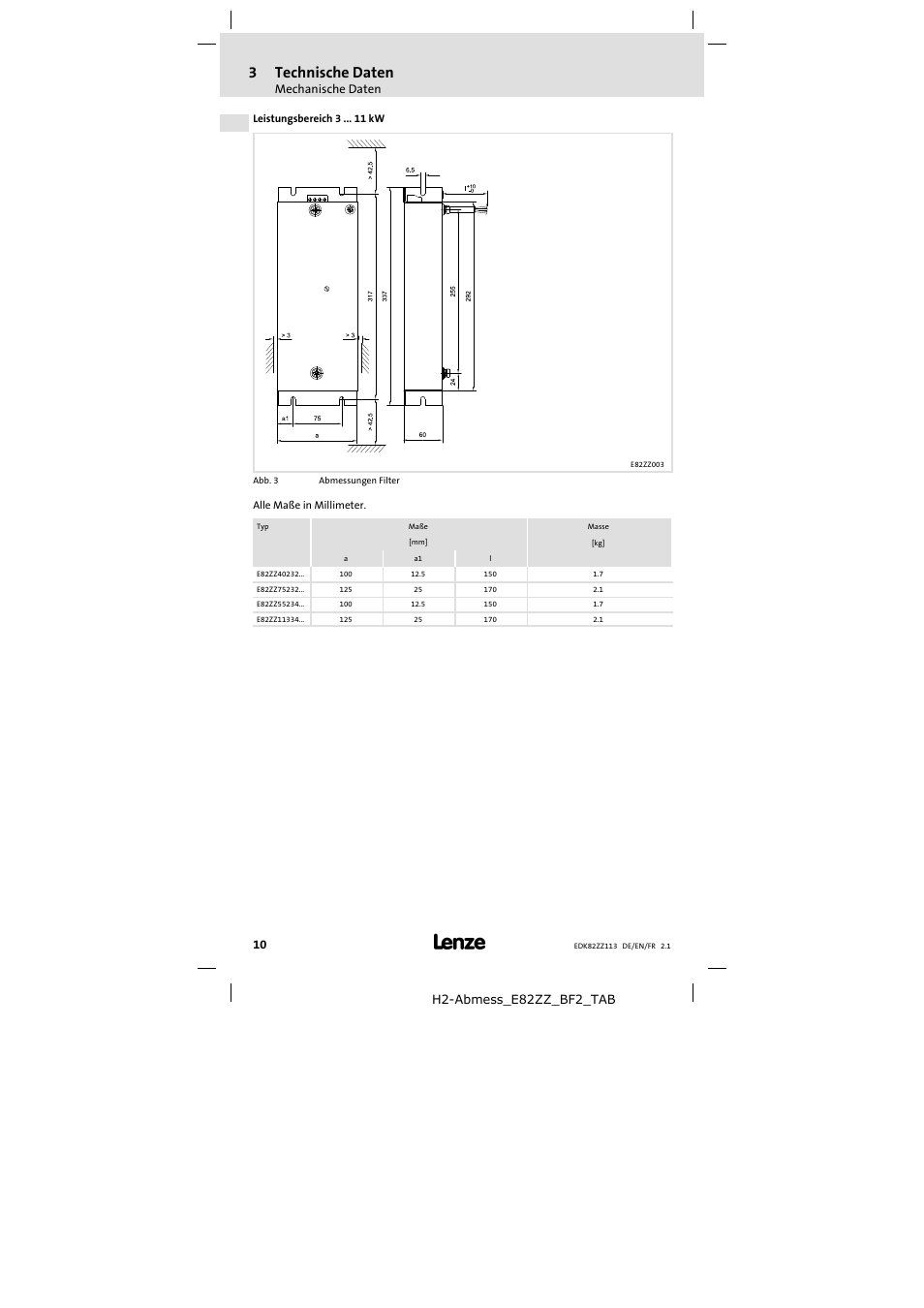 3 technische daten, Mechanische daten, H2-abmess_e82zz_bf2_tab | Lenze E82ZZ113 User Manual | Page 10 / 44