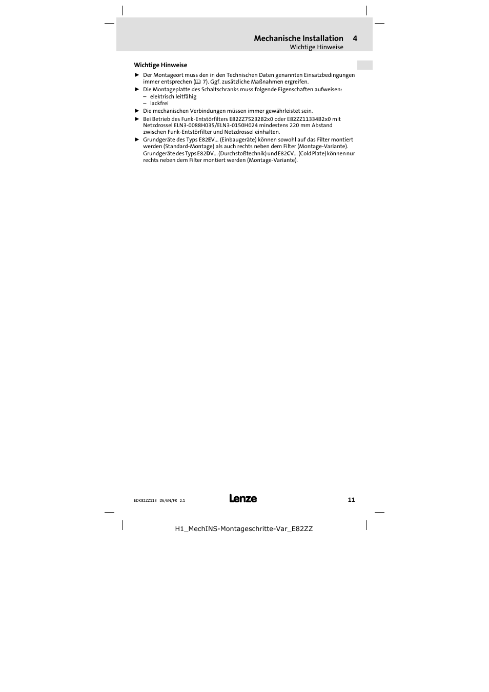 4 mechanische installation, Mechanische installation | Lenze E82ZZ113 User Manual | Page 11 / 44