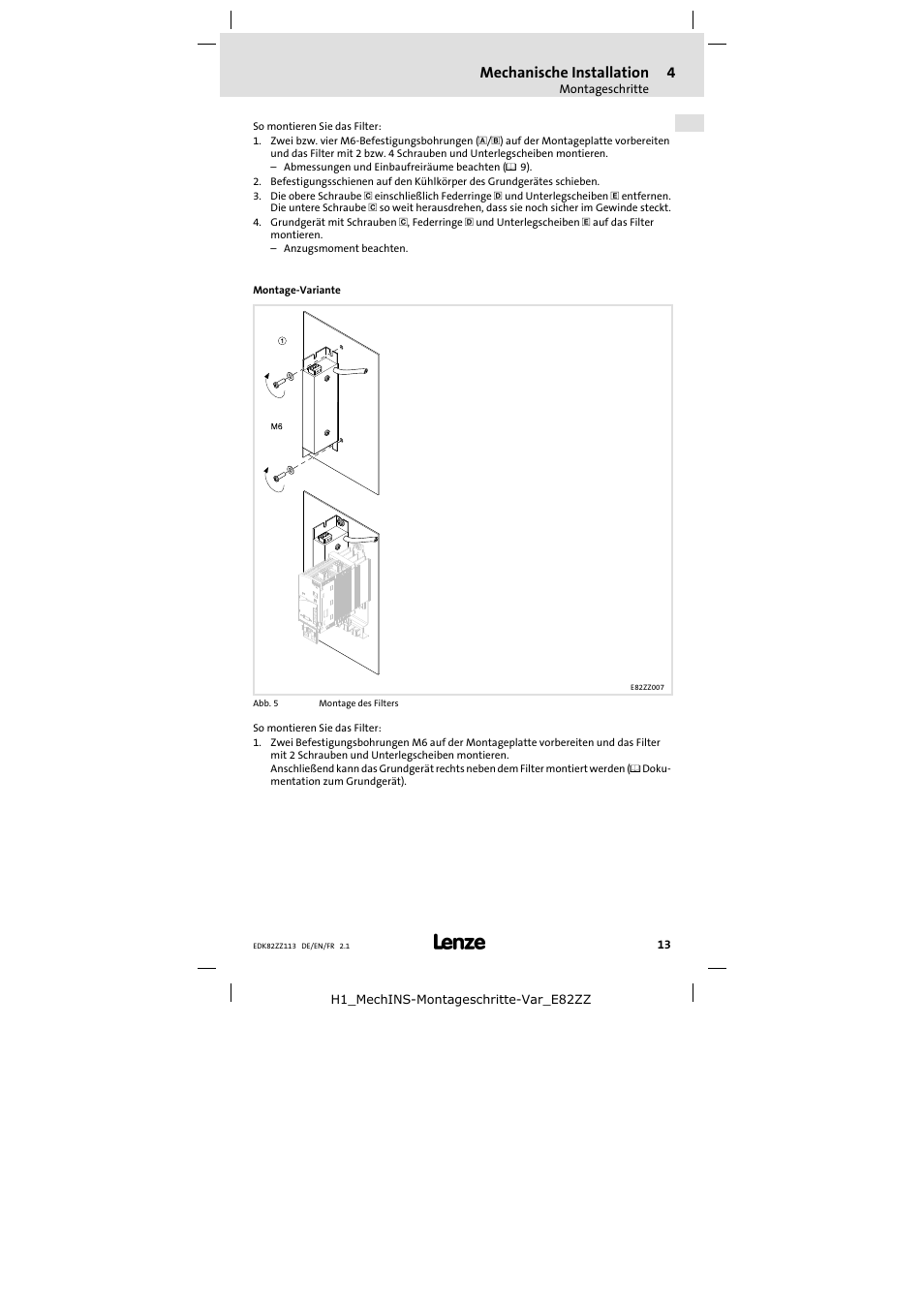 Mechanische installation | Lenze E82ZZ113 User Manual | Page 13 / 44