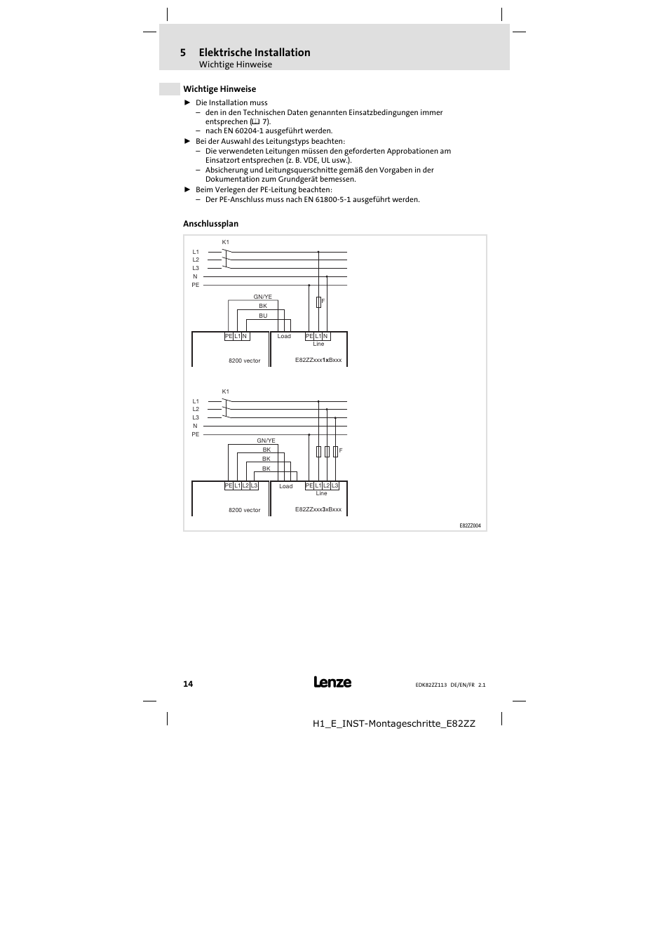 5 elektrische installation | Lenze E82ZZ113 User Manual | Page 14 / 44