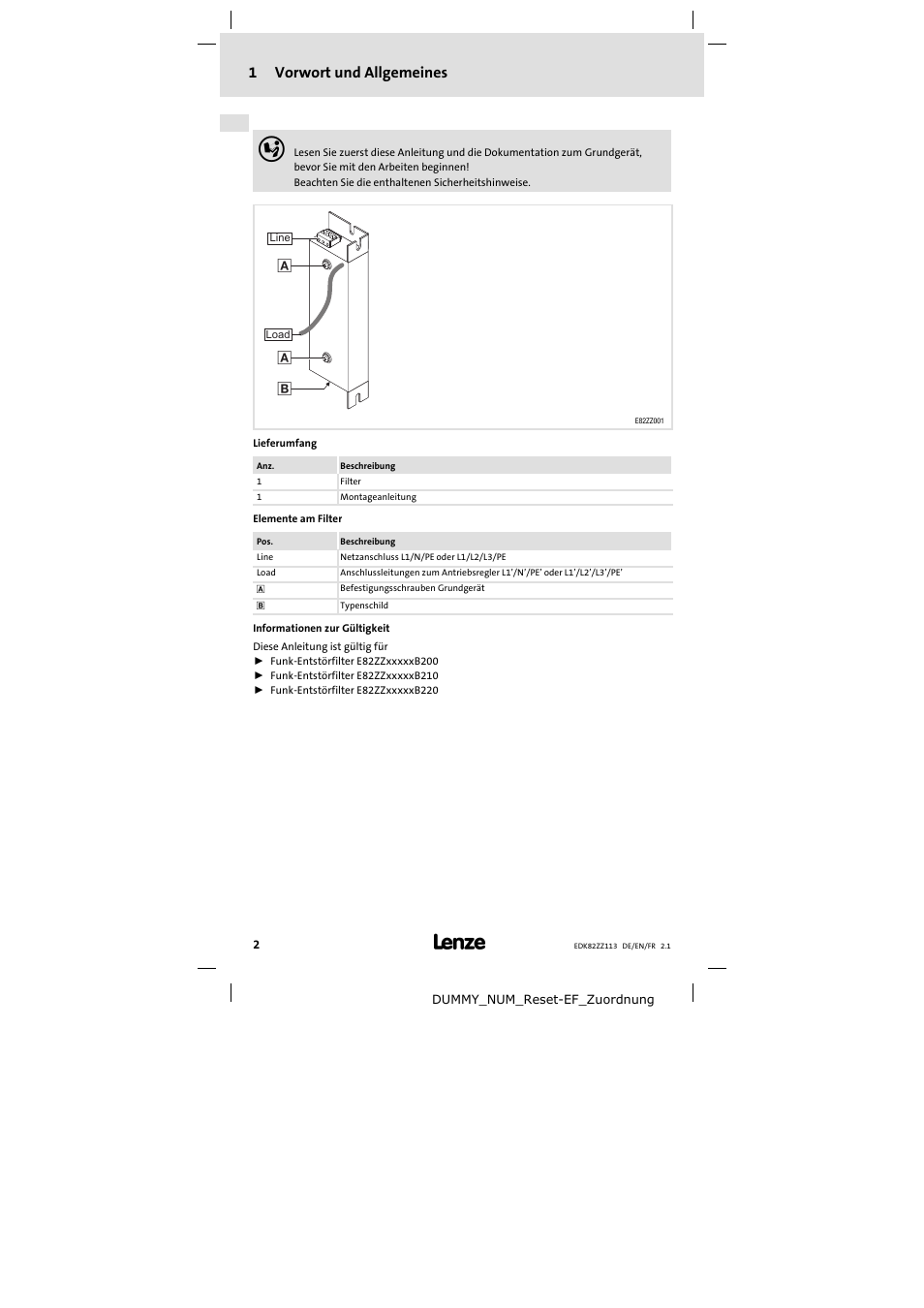 1 vorwort und allgemeines | Lenze E82ZZ113 User Manual | Page 2 / 44