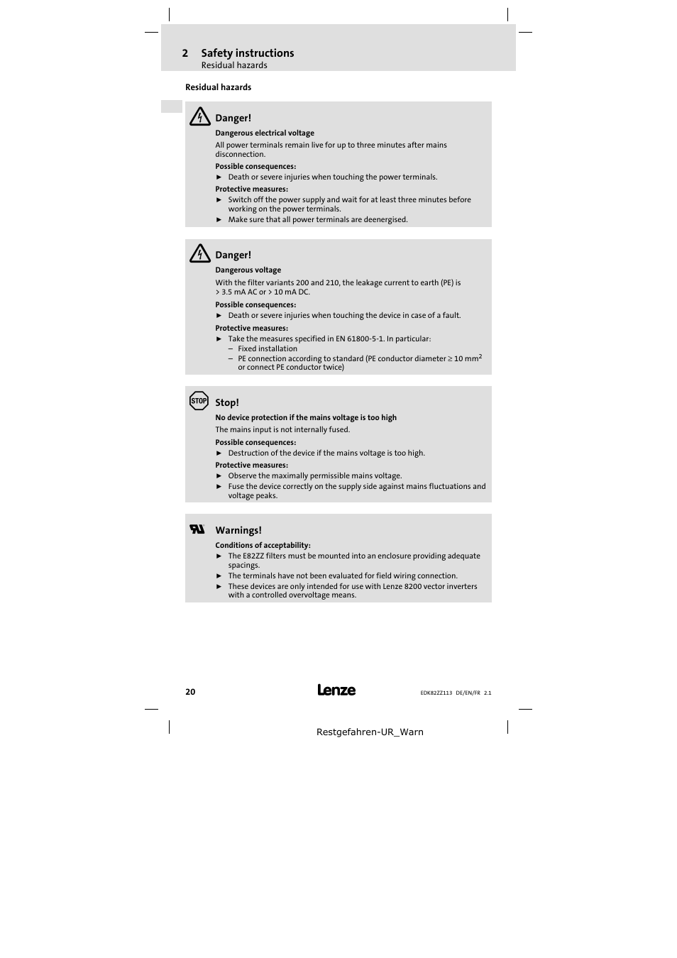 2 safety instructions | Lenze E82ZZ113 User Manual | Page 20 / 44