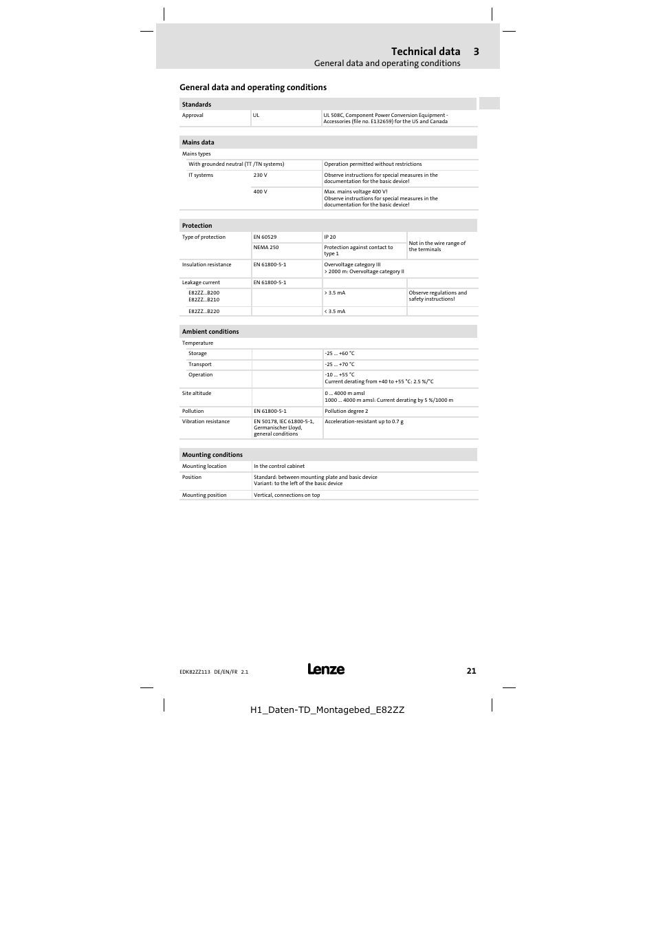3 technical data, Technical data, General data and operating conditions | H1_daten-td_montagebed_e82zz | Lenze E82ZZ113 User Manual | Page 21 / 44