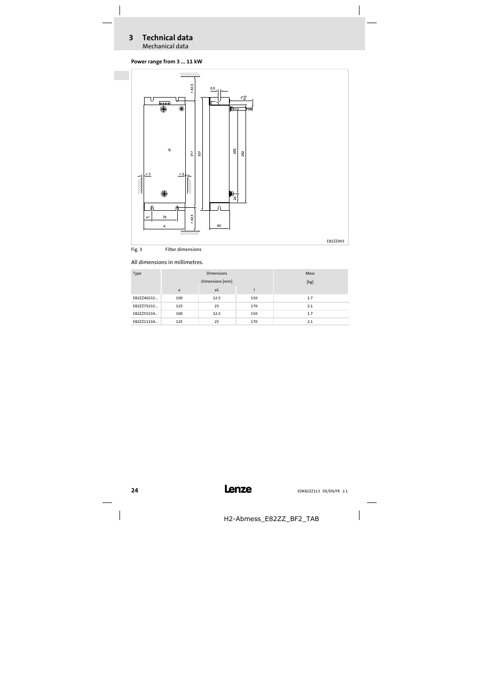 3 technical data, Mechanical data, H2-abmess_e82zz_bf2_tab | Lenze E82ZZ113 User Manual | Page 24 / 44