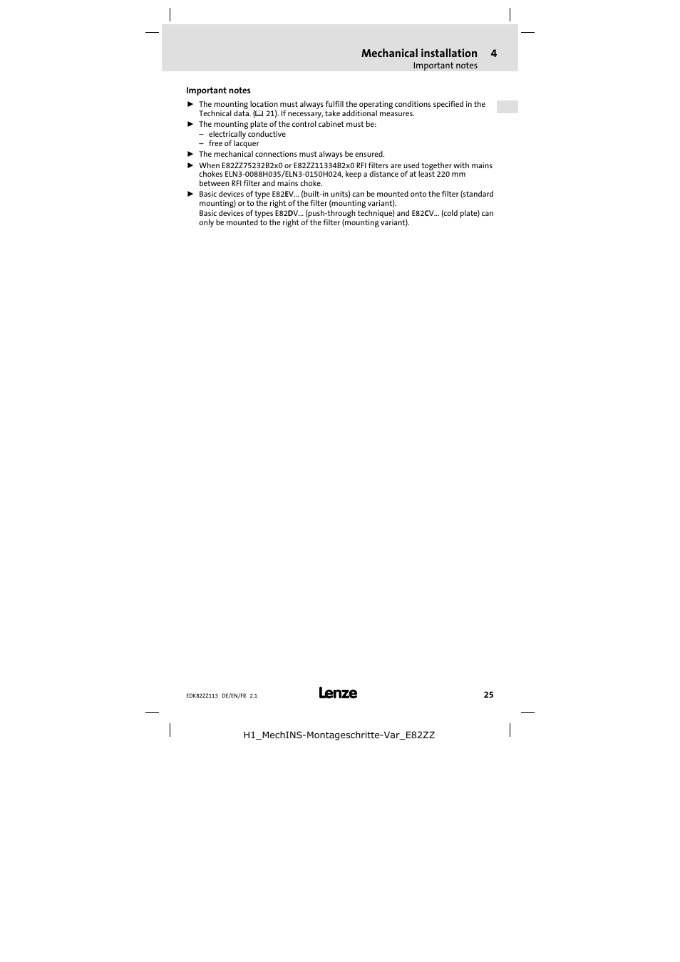 4 mechanical installation, Mechanical installation | Lenze E82ZZ113 User Manual | Page 25 / 44