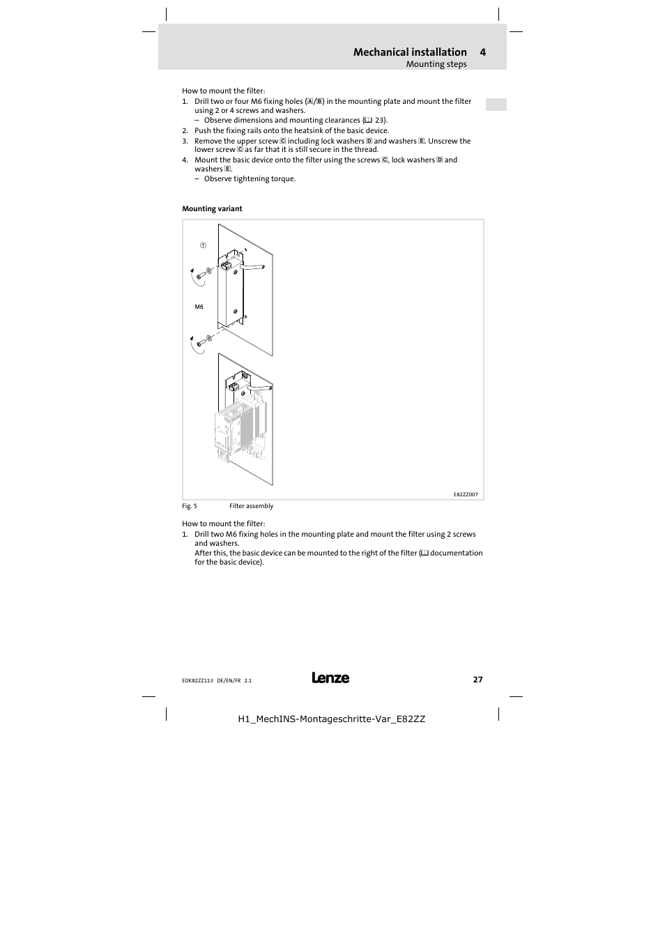 Mechanical installation | Lenze E82ZZ113 User Manual | Page 27 / 44