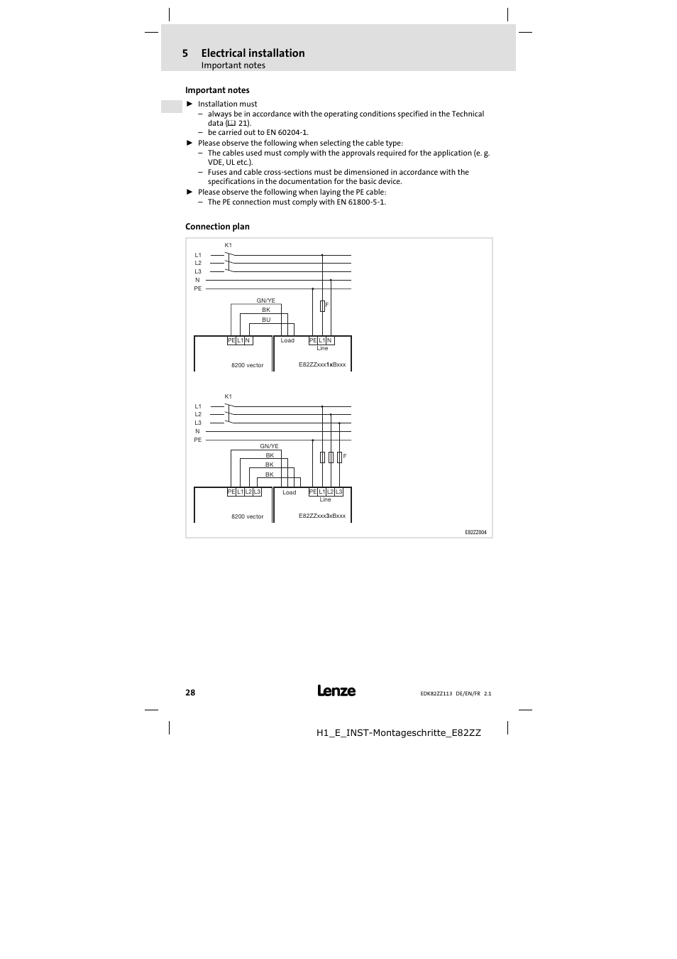 5 electrical installation | Lenze E82ZZ113 User Manual | Page 28 / 44