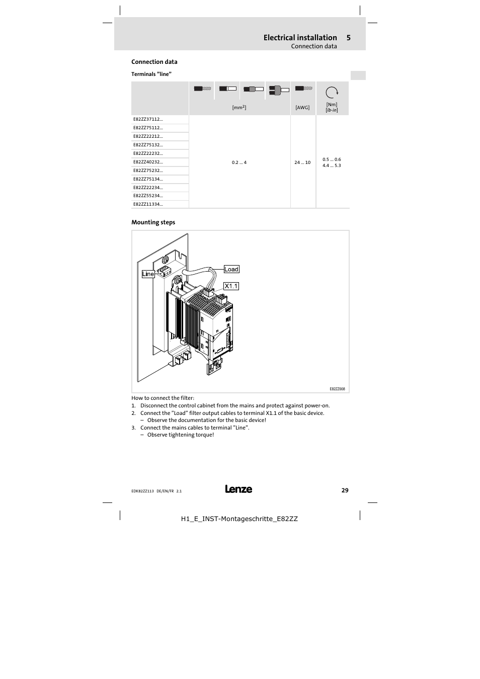 Electrical installation | Lenze E82ZZ113 User Manual | Page 29 / 44