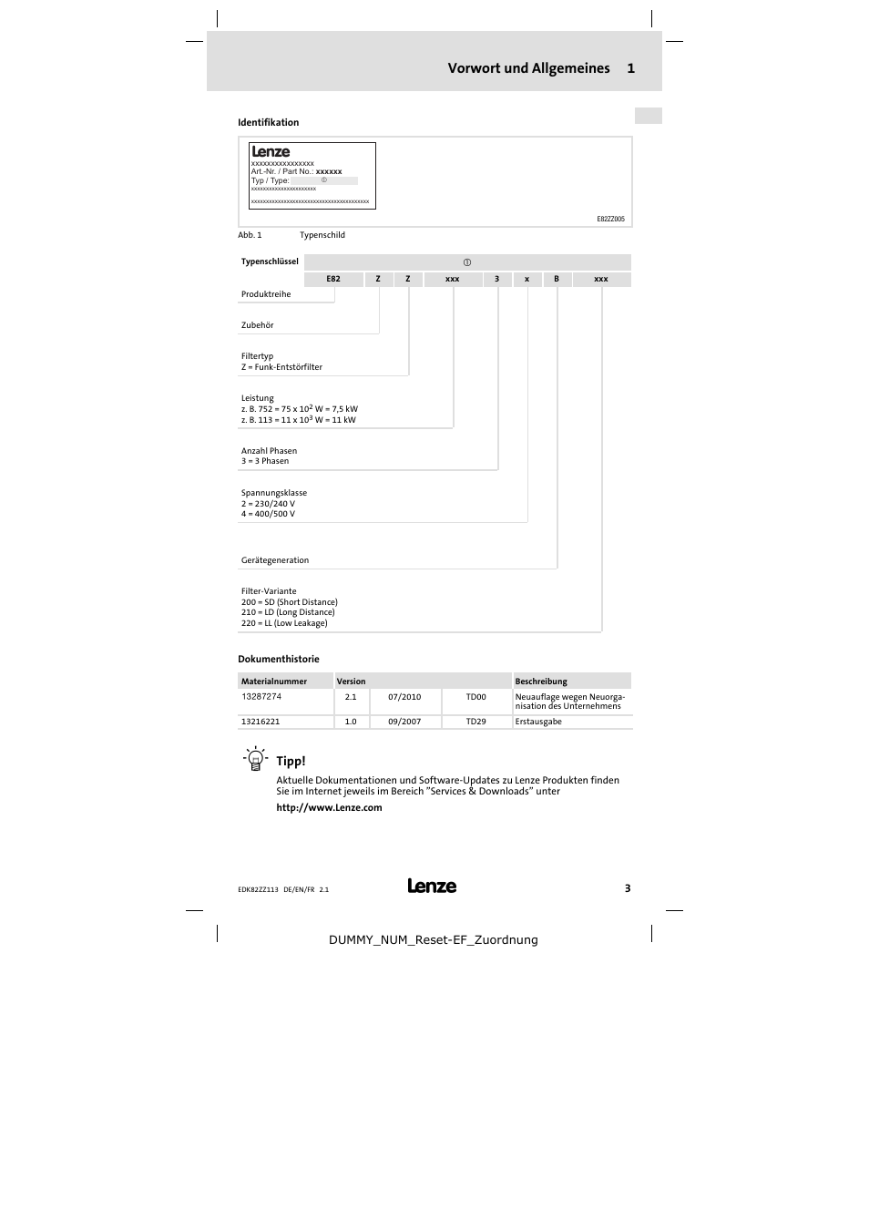 Vorwort und allgemeines 1, Tipp | Lenze E82ZZ113 User Manual | Page 3 / 44