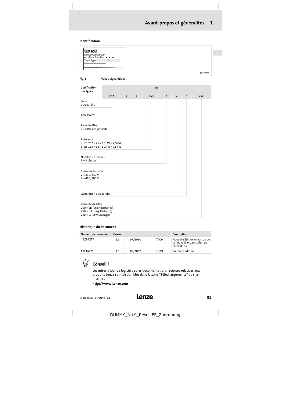 Avant-propos et généralités 1, Conseil | Lenze E82ZZ113 User Manual | Page 31 / 44