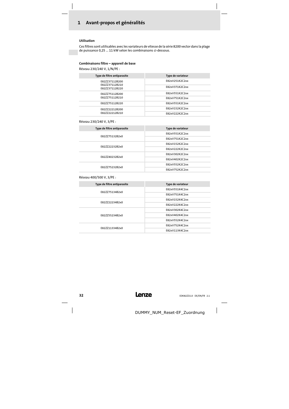1 avant-propos et généralités | Lenze E82ZZ113 User Manual | Page 32 / 44