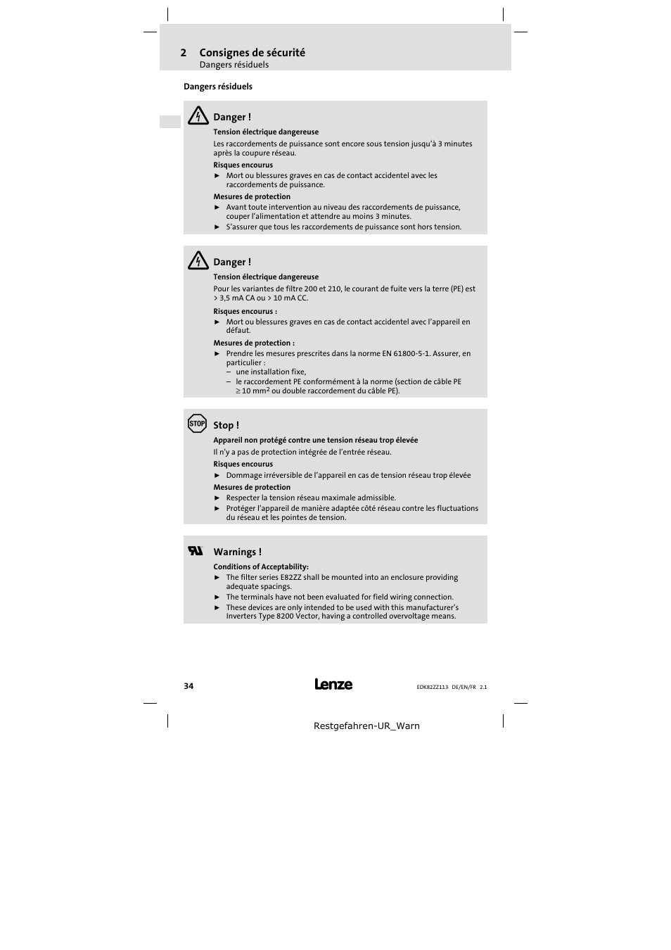 2 consignes de sécurité | Lenze E82ZZ113 User Manual | Page 34 / 44