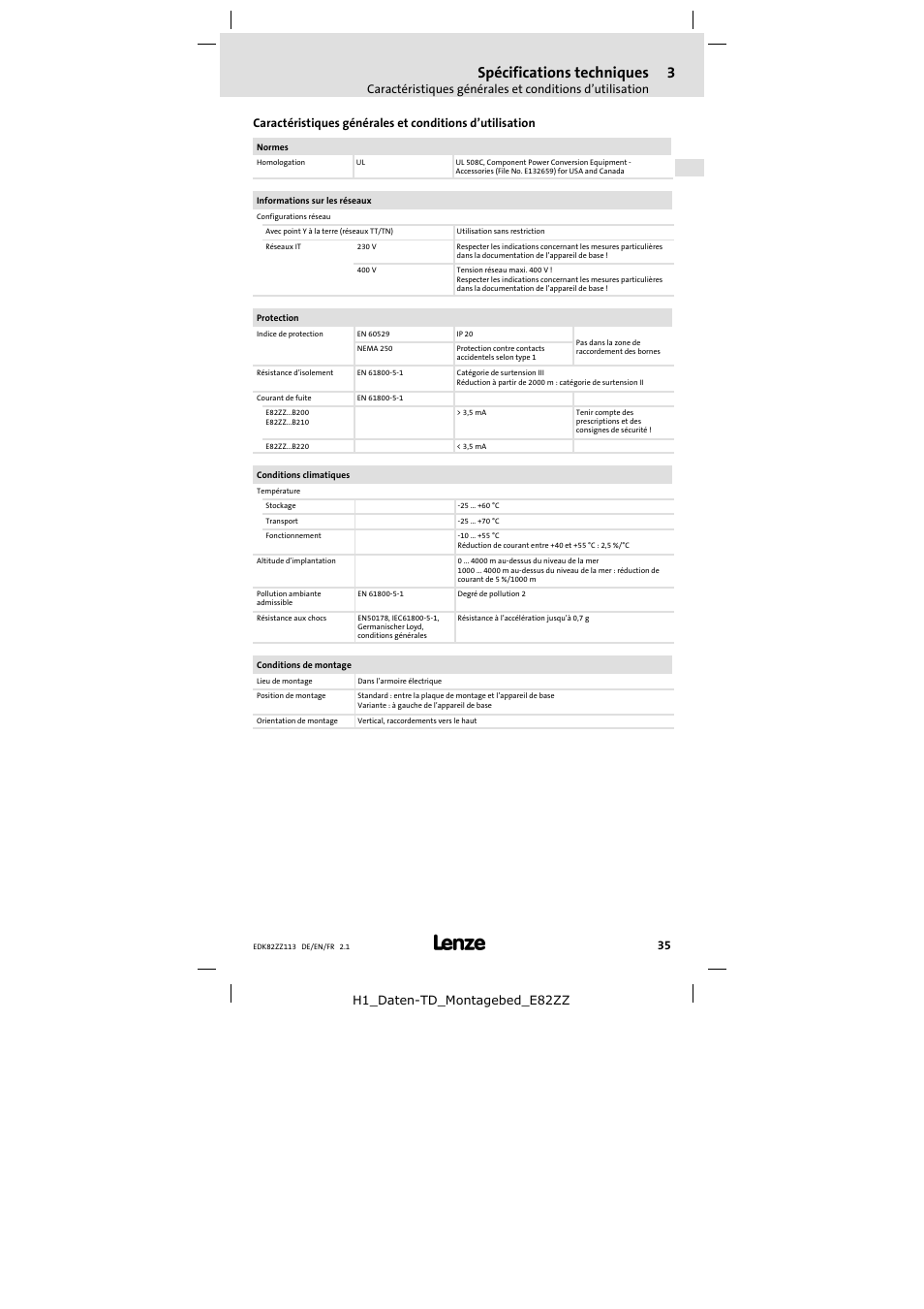 3 spécifications techniques, Spécifications techniques, H1_daten-td_montagebed_e82zz | Lenze E82ZZ113 User Manual | Page 35 / 44
