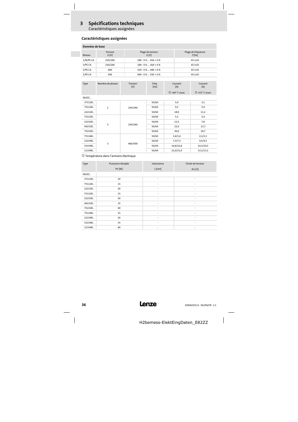 3 spécifications techniques, Caractéristiques assignées | Lenze E82ZZ113 User Manual | Page 36 / 44
