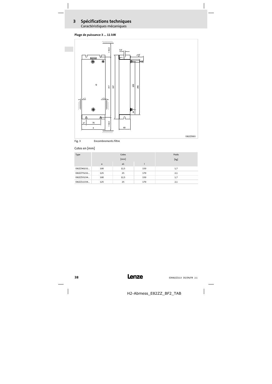 3 spécifications techniques, Caractéristiques mécaniques, H2-abmess_e82zz_bf2_tab | Lenze E82ZZ113 User Manual | Page 38 / 44