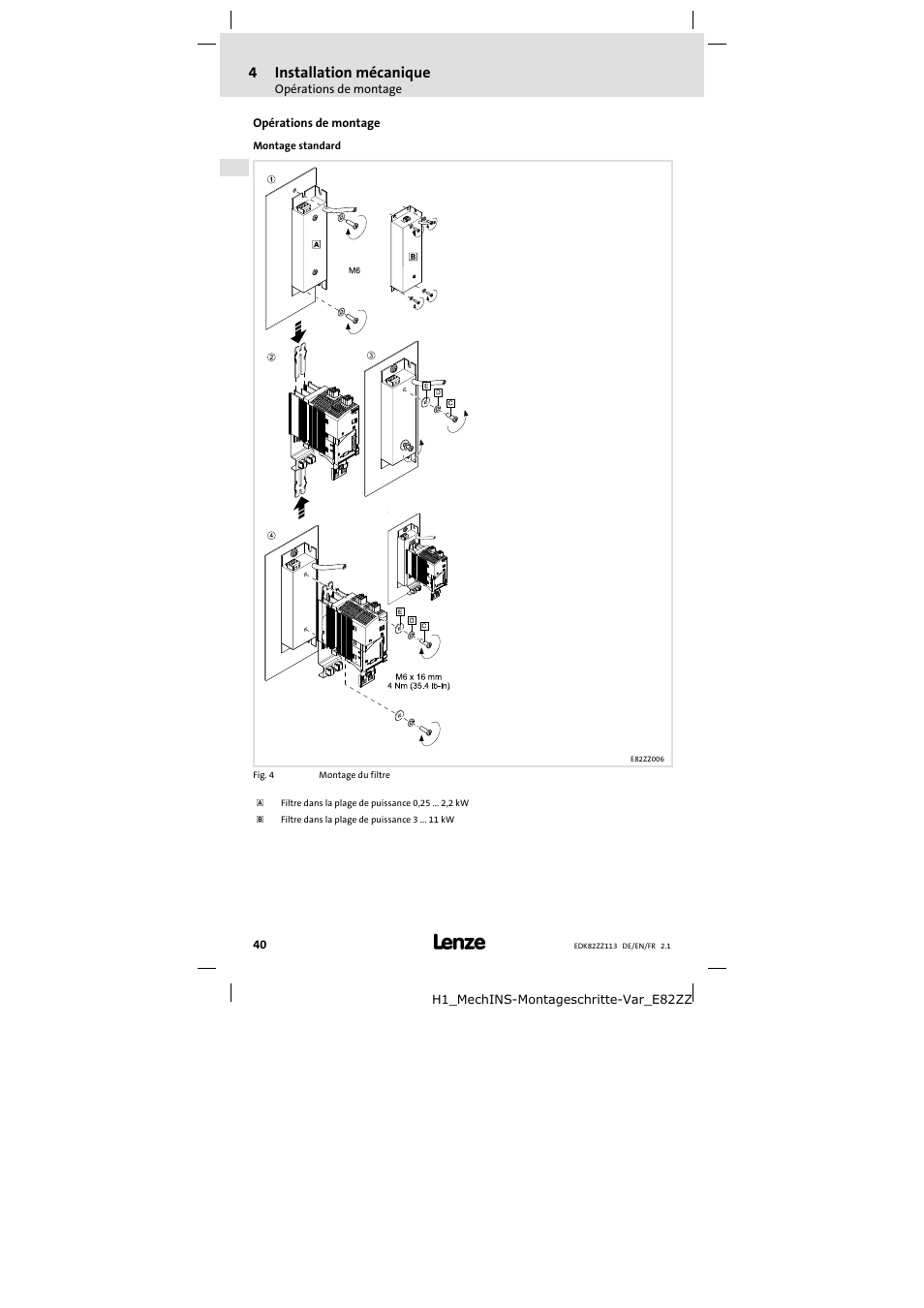 4 installation mécanique | Lenze E82ZZ113 User Manual | Page 40 / 44