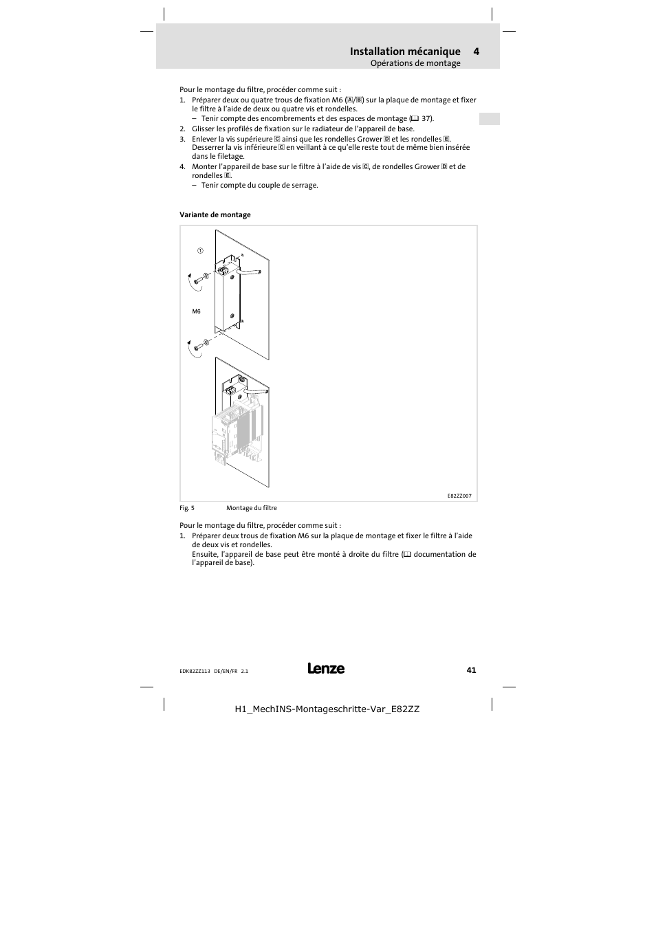 Installation mécanique | Lenze E82ZZ113 User Manual | Page 41 / 44