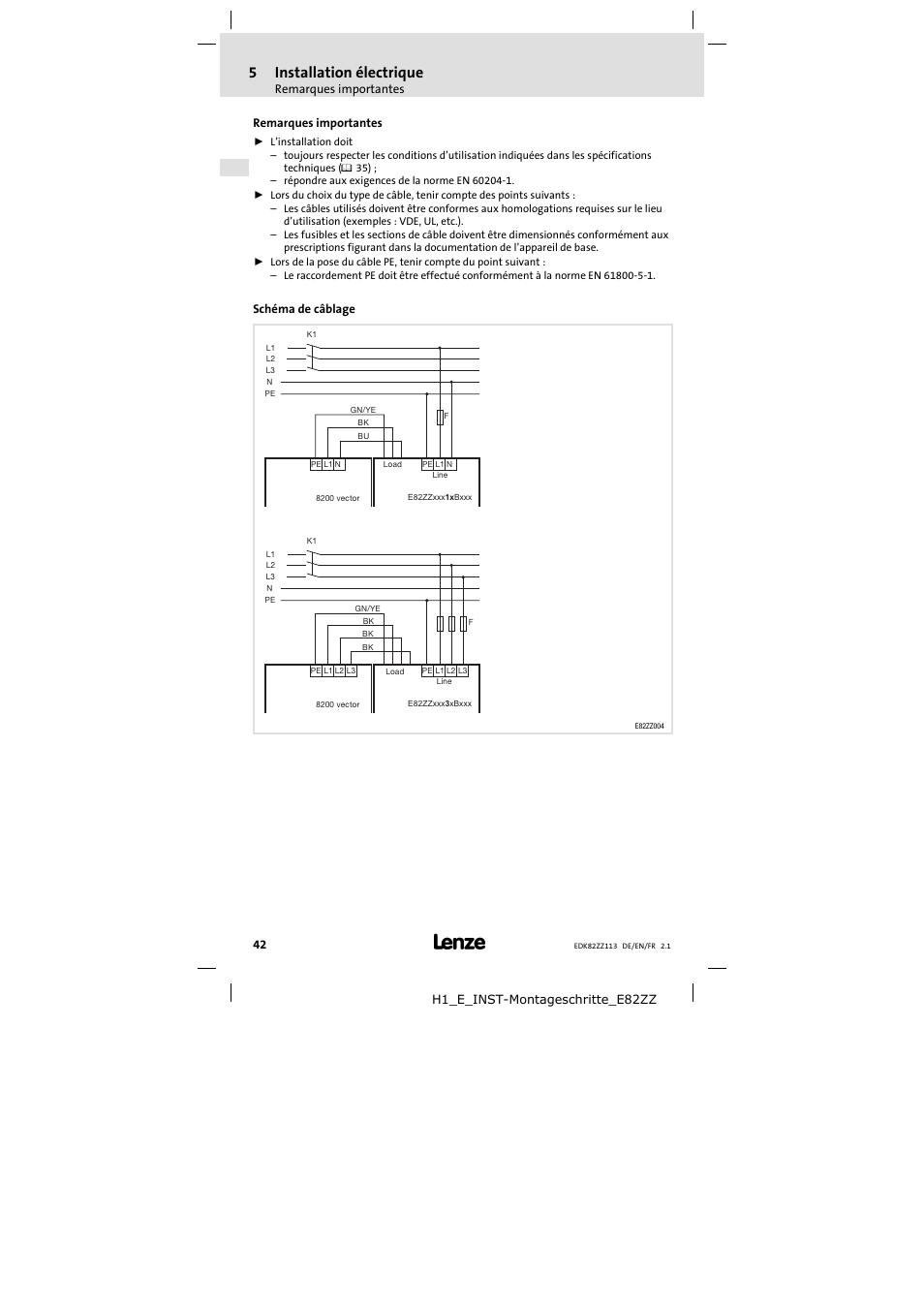 5 installation électrique | Lenze E82ZZ113 User Manual | Page 42 / 44