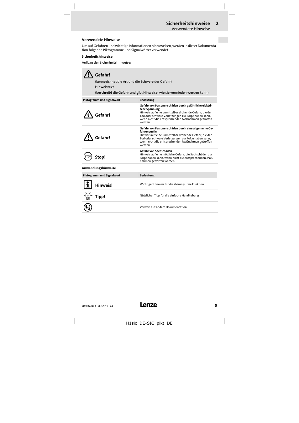 2 sicherheitshinweise | Lenze E82ZZ113 User Manual | Page 5 / 44