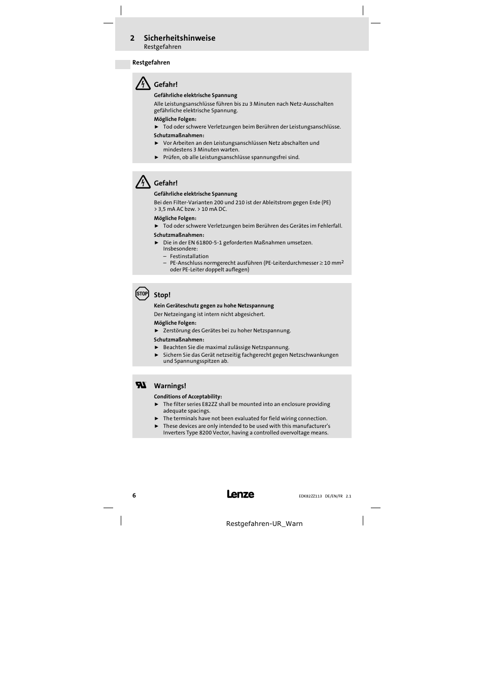 2 sicherheitshinweise | Lenze E82ZZ113 User Manual | Page 6 / 44