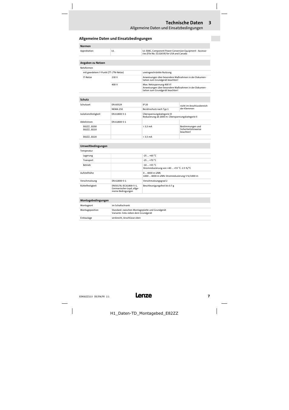 3 technische daten, Technische daten, Allgemeine daten und einsatzbedingungen | H1_daten-td_montagebed_e82zz | Lenze E82ZZ113 User Manual | Page 7 / 44