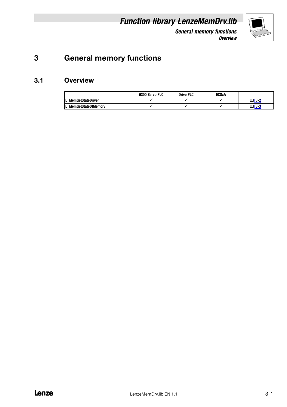 3 general memory functions, 1 overview, Overview | Function library lenzememdrv.lib | Lenze DDS Function library MemDrv User Manual | Page 11 / 34