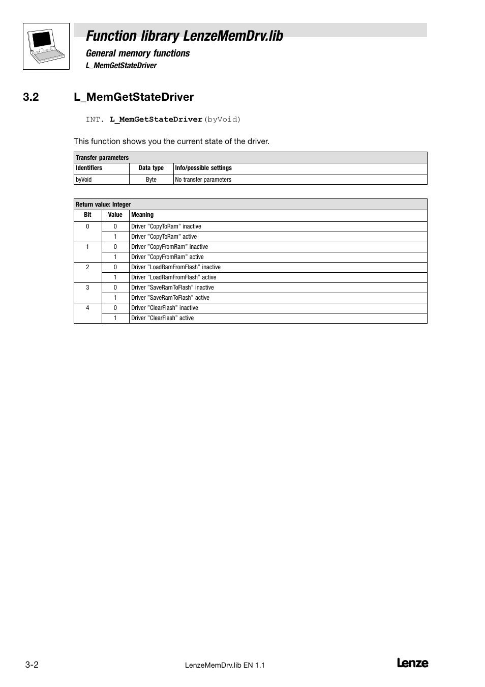 2 l_memgetstatedriver, L_memgetstatedriver, Function library lenzememdrv.lib | Lenze DDS Function library MemDrv User Manual | Page 12 / 34