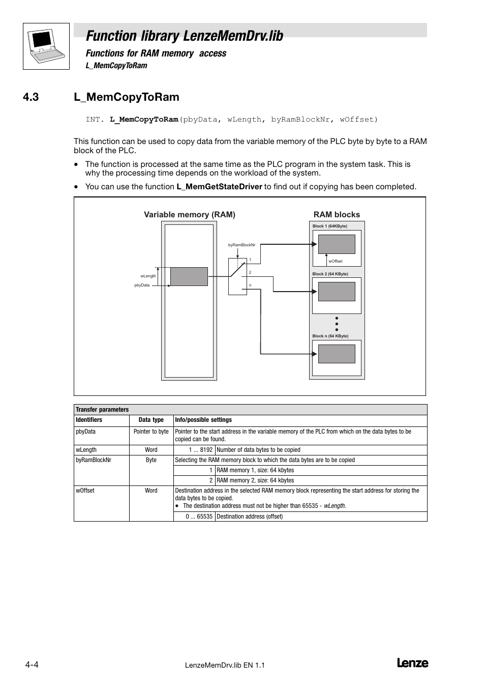 3 l_memcopytoram, L_memcopytoram, Function library lenzememdrv.lib | Lenze DDS Function library MemDrv User Manual | Page 18 / 34