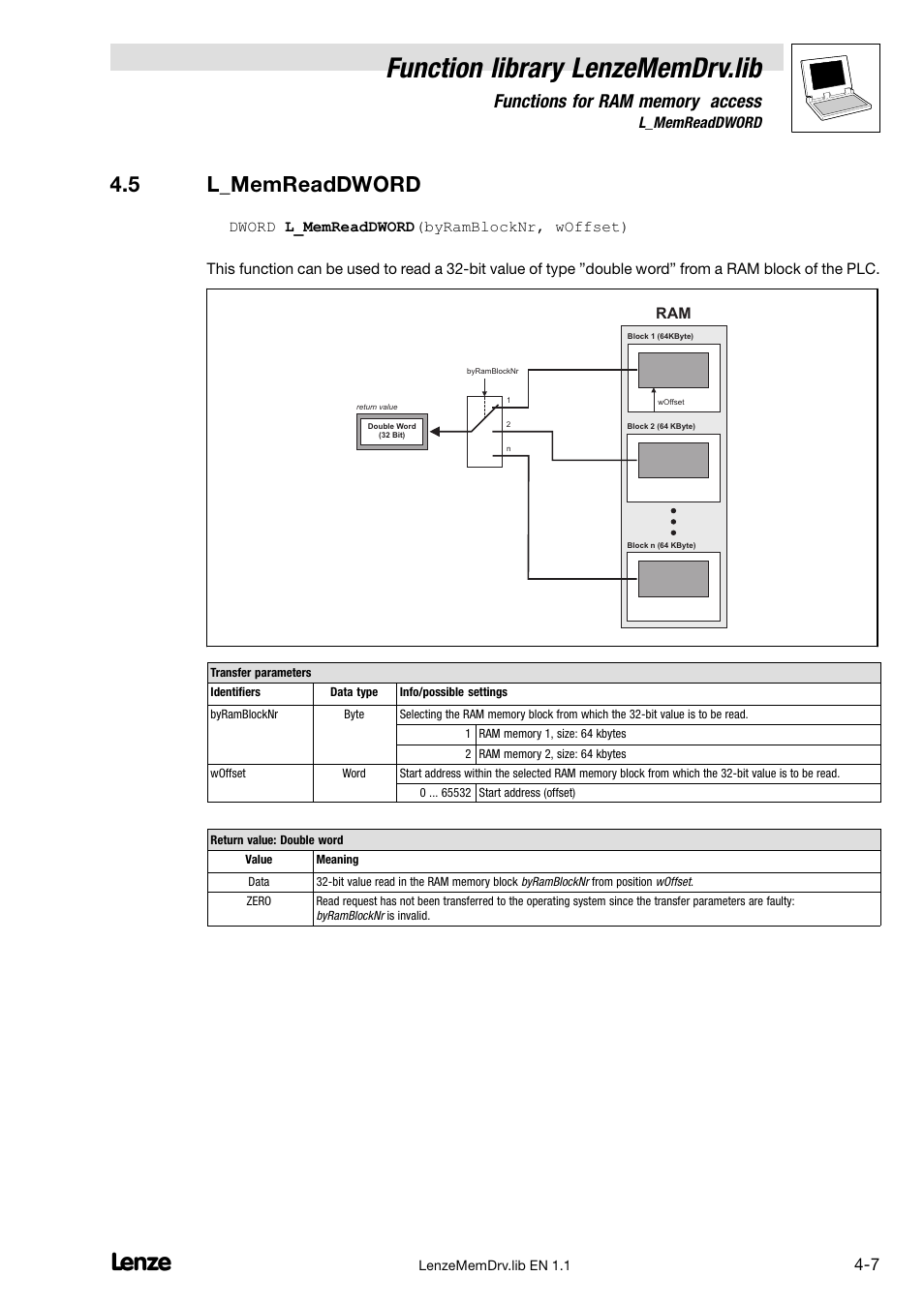 5 l_memreaddword, L_memreaddword, Function library lenzememdrv.lib | Lenze DDS Function library MemDrv User Manual | Page 21 / 34