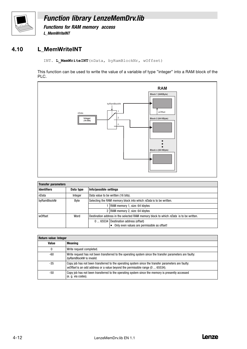 10 l_memwriteint, Function library lenzememdrv.lib | Lenze DDS Function library MemDrv User Manual | Page 26 / 34