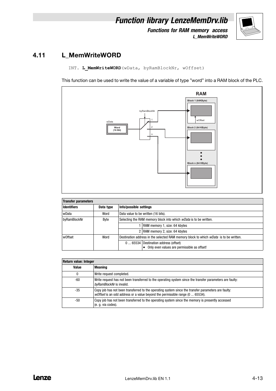 11 l_memwriteword, Function library lenzememdrv.lib | Lenze DDS Function library MemDrv User Manual | Page 27 / 34
