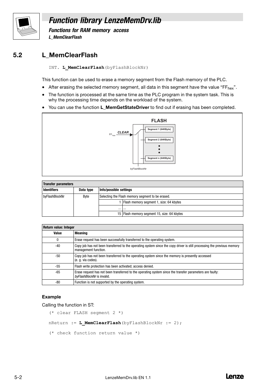 2 l_memclearflash, L_memclearflash, Function library lenzememdrv.lib | Lenze DDS Function library MemDrv User Manual | Page 30 / 34