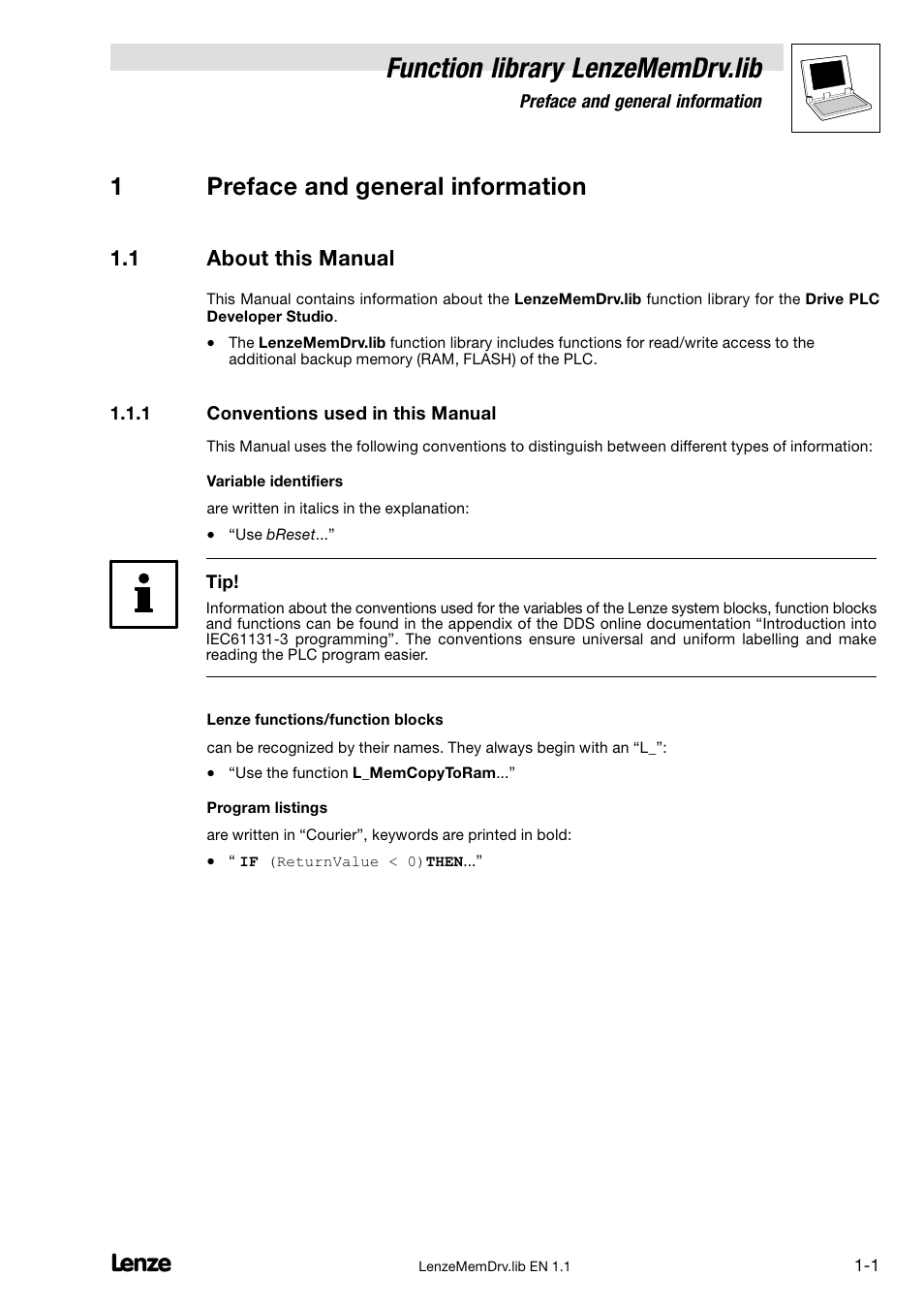 1 preface and general information, 1 about this manual, 1 conventions used in this manual | About this manual, Conventions used in this manual, Function library lenzememdrv.lib, 1preface and general information | Lenze DDS Function library MemDrv User Manual | Page 5 / 34