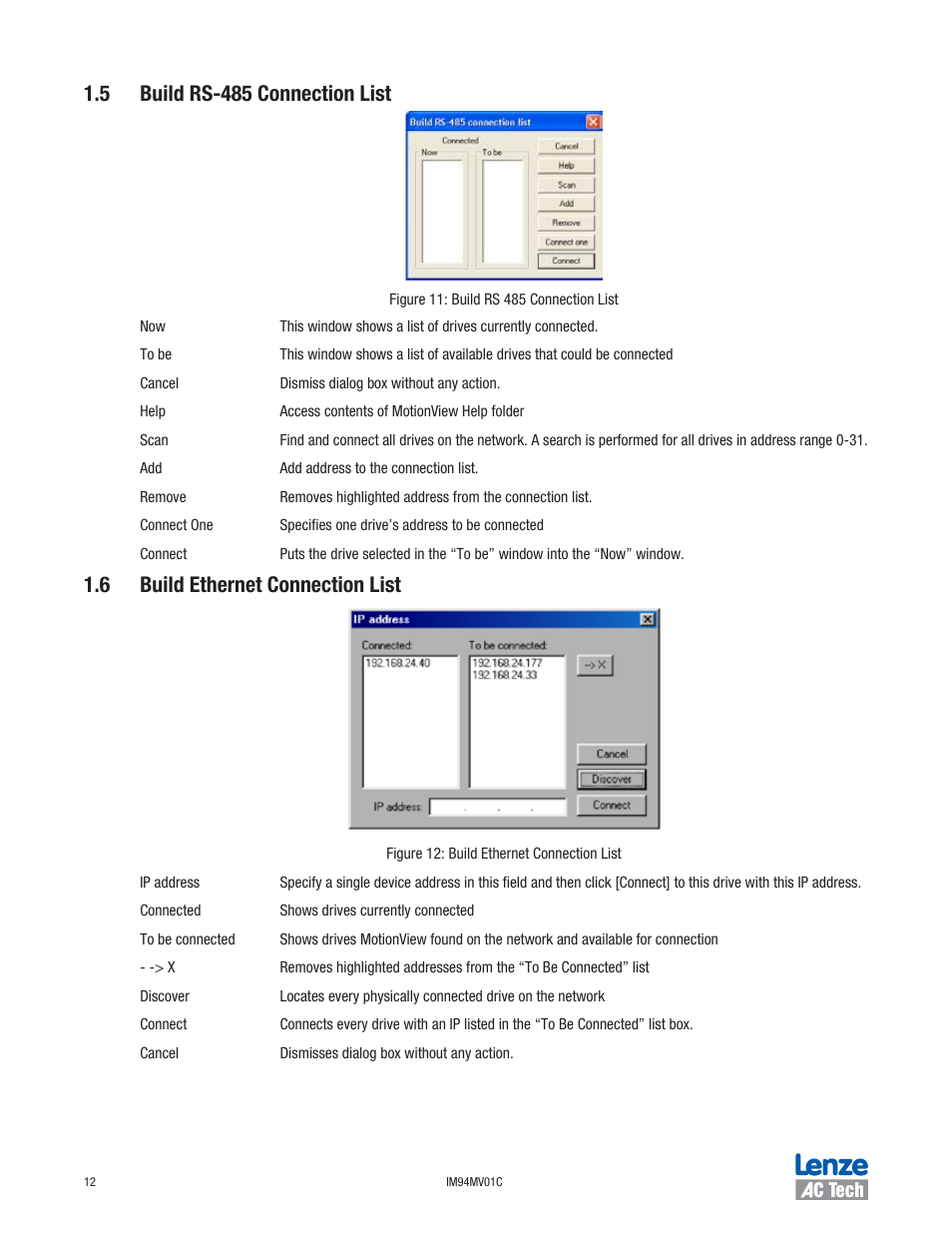 5 build rs-485 connection list, 6 build ethernet connection list | Lenze IM94MV01C User Manual | Page 14 / 23
