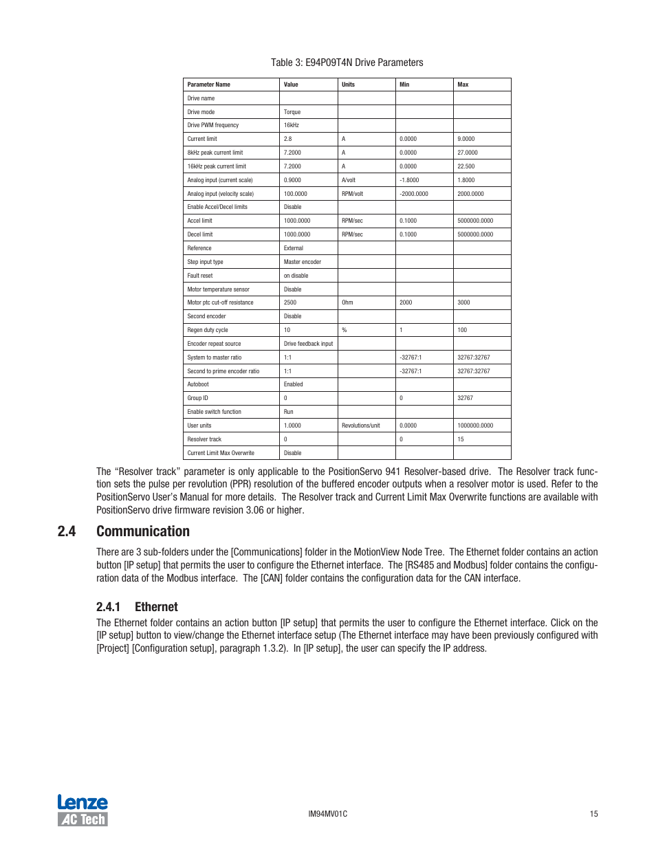4 communication, 1 ethernet | Lenze IM94MV01C User Manual | Page 17 / 23