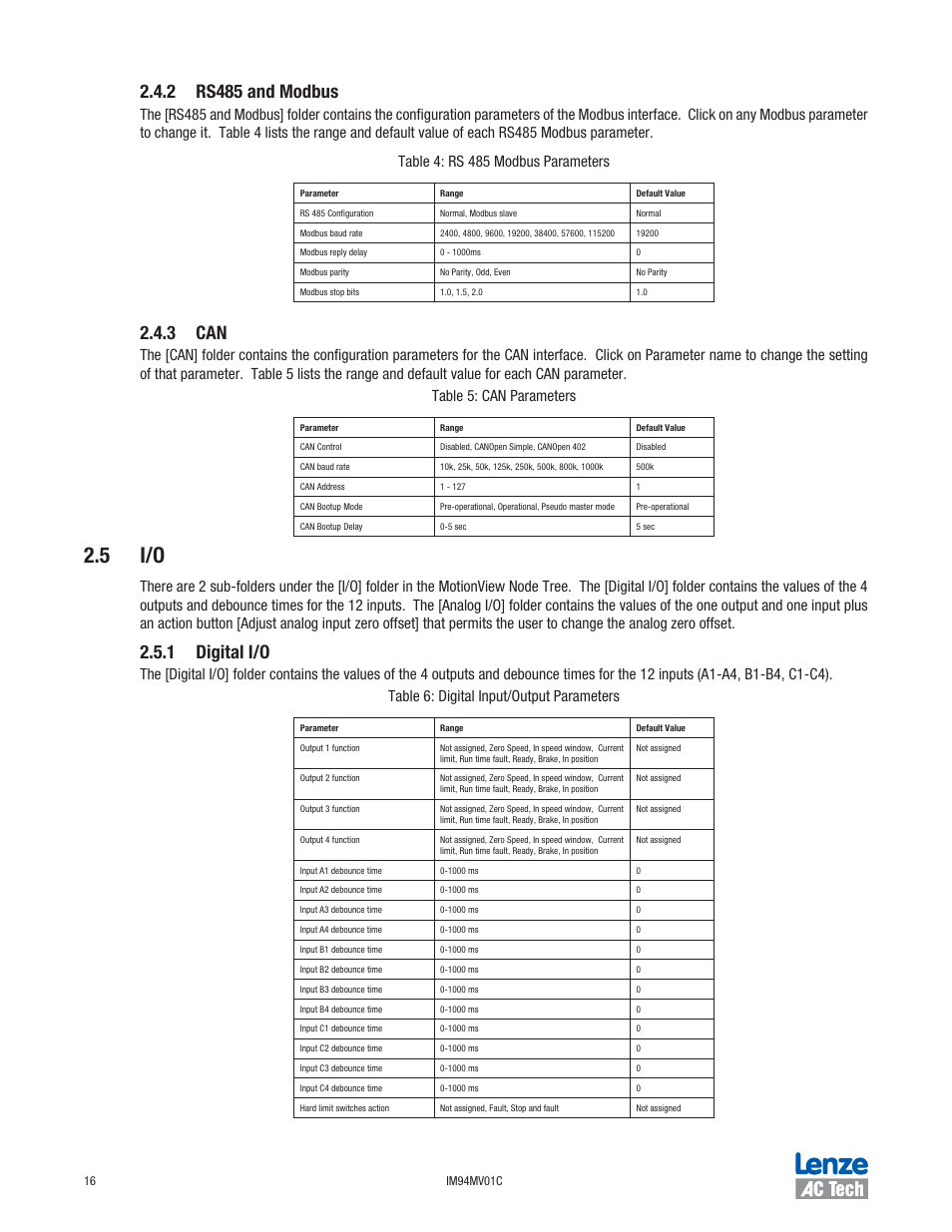 5 i/o, 2 rs485 and modbus, 3 can | 1 digital i/o | Lenze IM94MV01C User Manual | Page 18 / 23