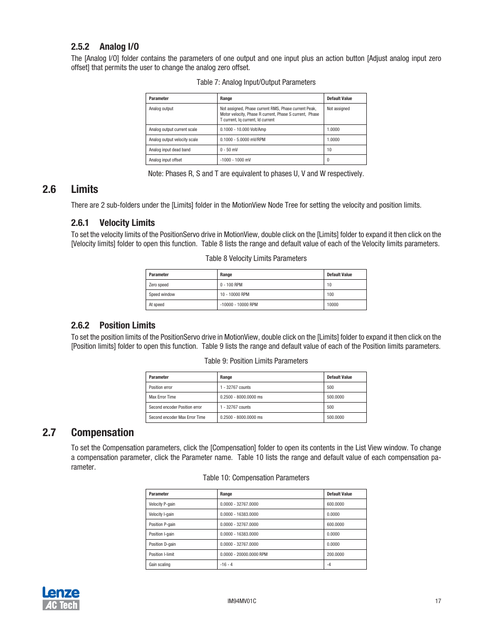 6 limits, 7 compensation, 2 analog i/o | 1 velocity limits, 2 position limits | Lenze IM94MV01C User Manual | Page 19 / 23