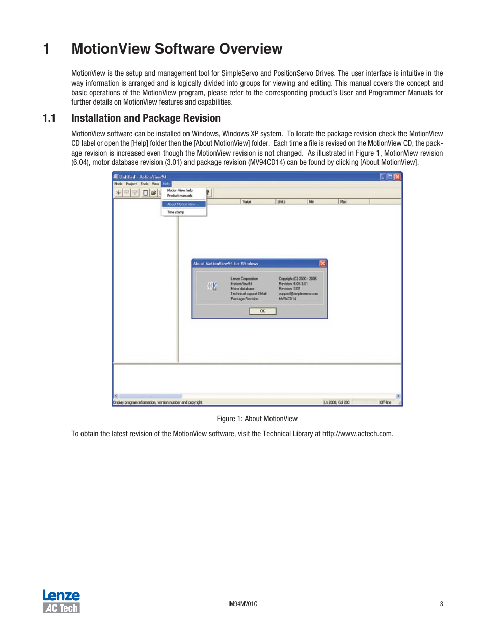 1 motionview software overview, 1 installation and package revision | Lenze IM94MV01C User Manual | Page 5 / 23