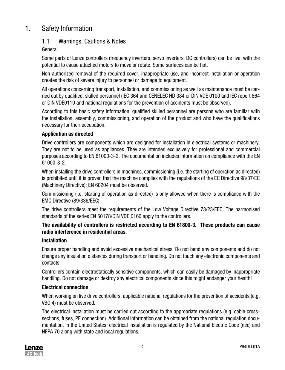Safety information | Lenze P94DLL01A User Manual | Page 4 / 14