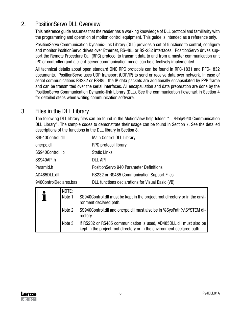 Positionservo dll overview, Files in the dll library | Lenze P94DLL01A User Manual | Page 6 / 14