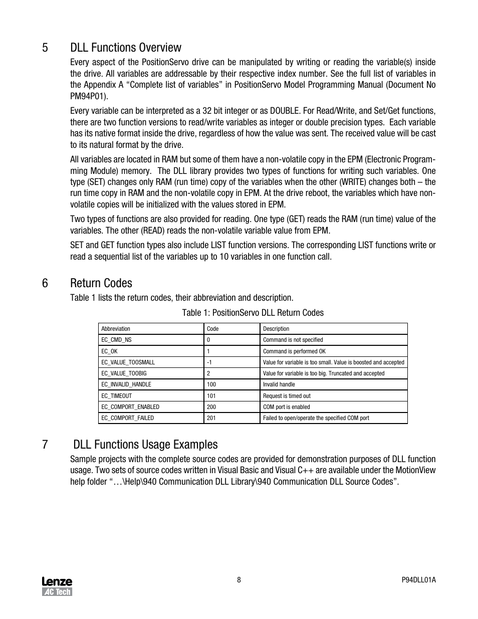 5dll functions overview, 6return codes, 7dll functions usage examples | Lenze P94DLL01A User Manual | Page 8 / 14