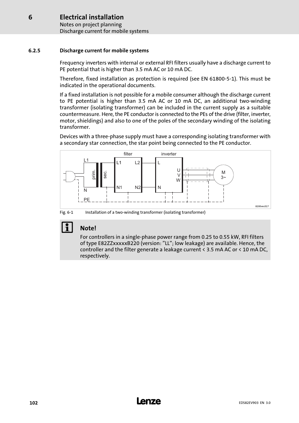 5 discharge current for mobile systems, Discharge current for mobile systems, Electrical installation | Lenze E82xVxxxKxxxxx User Manual | Page 102 / 548