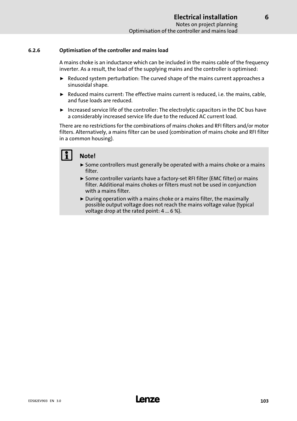 6 optimisation of the controller and mains load, Optimisation of the controller and mains load | Lenze E82xVxxxKxxxxx User Manual | Page 103 / 548