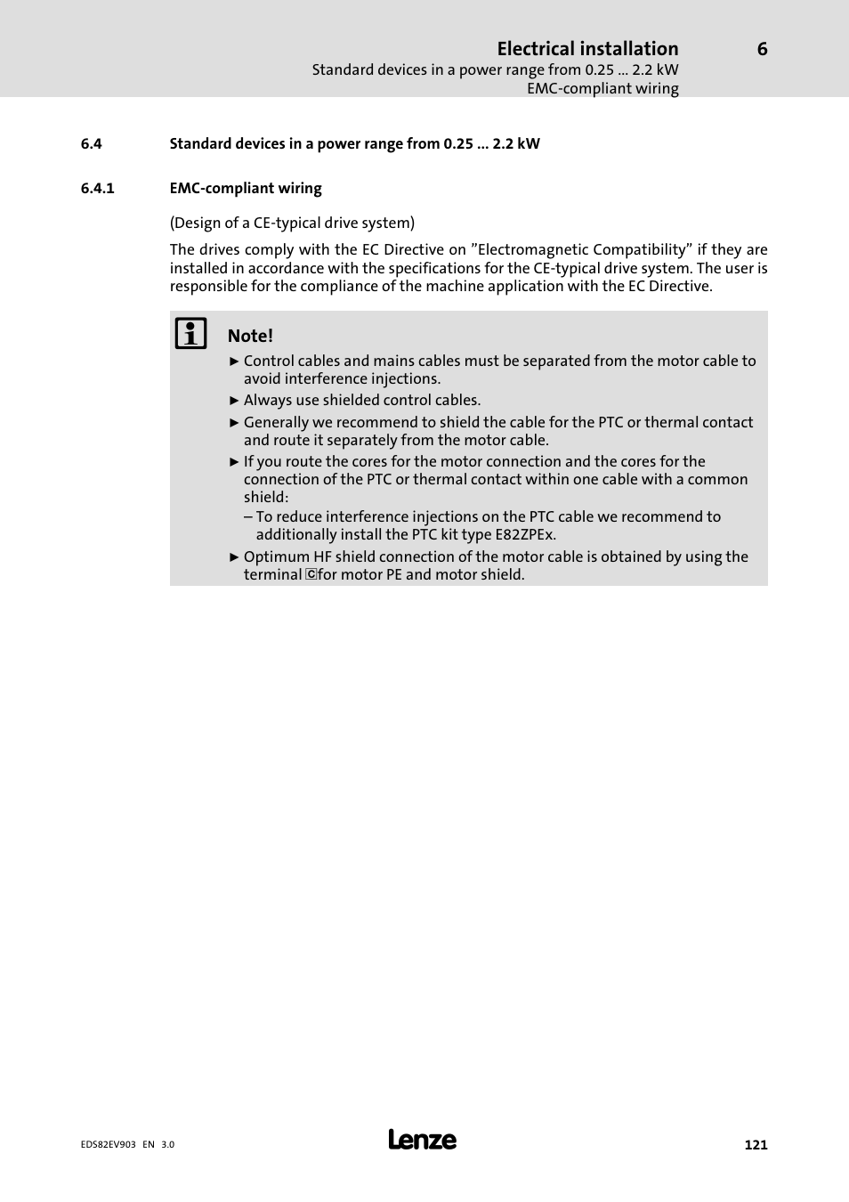 4 standard devices in a power range from 0.25 kw, 1 emc-compliant wiring, Standard devices in a power range from 0.25 kw | Emc−compliant wiring | Lenze E82xVxxxKxxxxx User Manual | Page 121 / 548