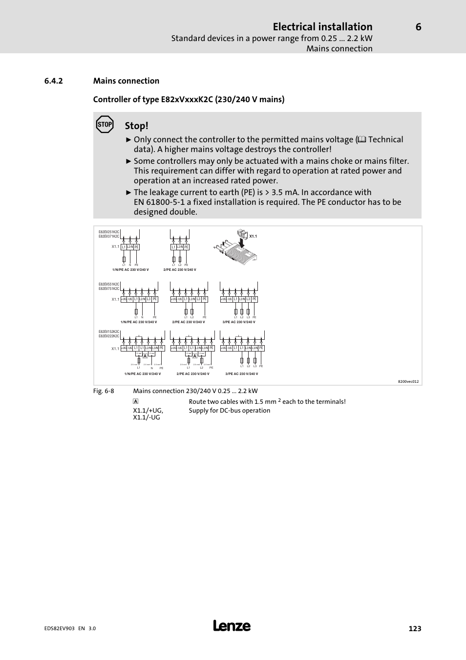 2 mains connection, Mains connection, Electrical installation | Stop, Route two cables with 1.5 mm | Lenze E82xVxxxKxxxxx User Manual | Page 123 / 548