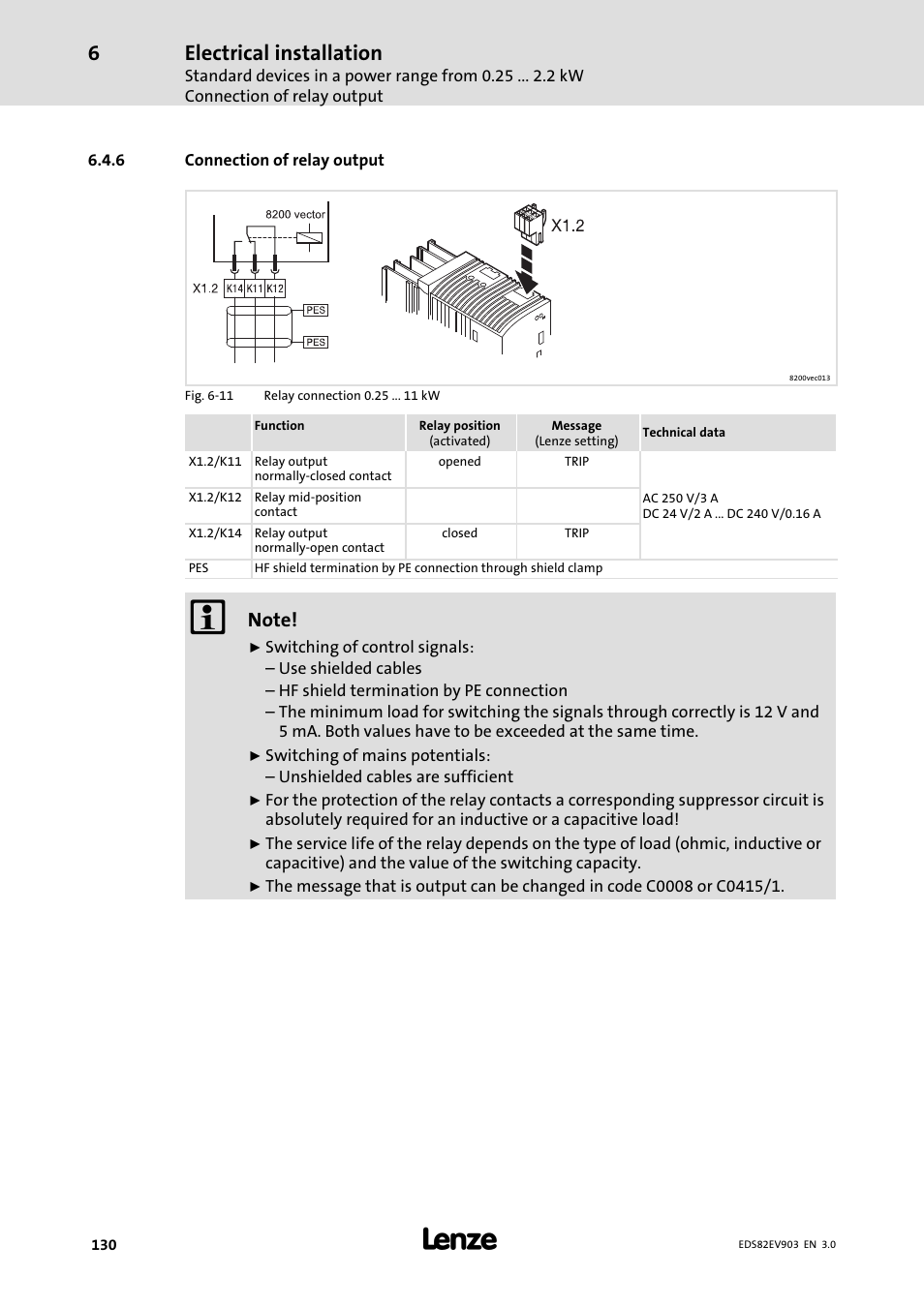 6 connection of relay output, Connection of relay output, Electrical installation | Lenze E82xVxxxKxxxxx User Manual | Page 130 / 548