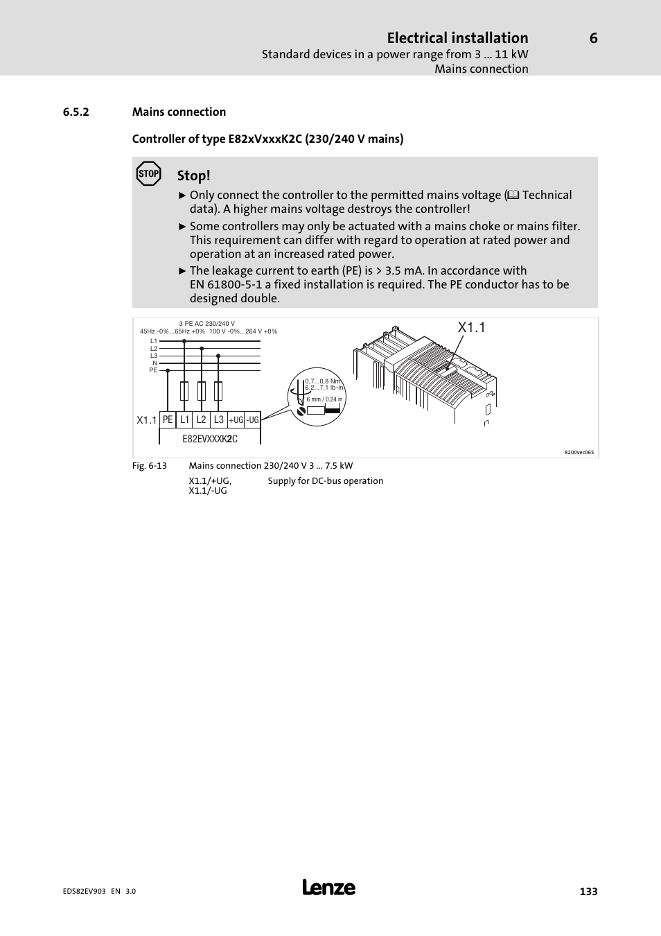 2 mains connection, Mains connection, Electrical installation | Stop, X1.1 | Lenze E82xVxxxKxxxxx User Manual | Page 133 / 548