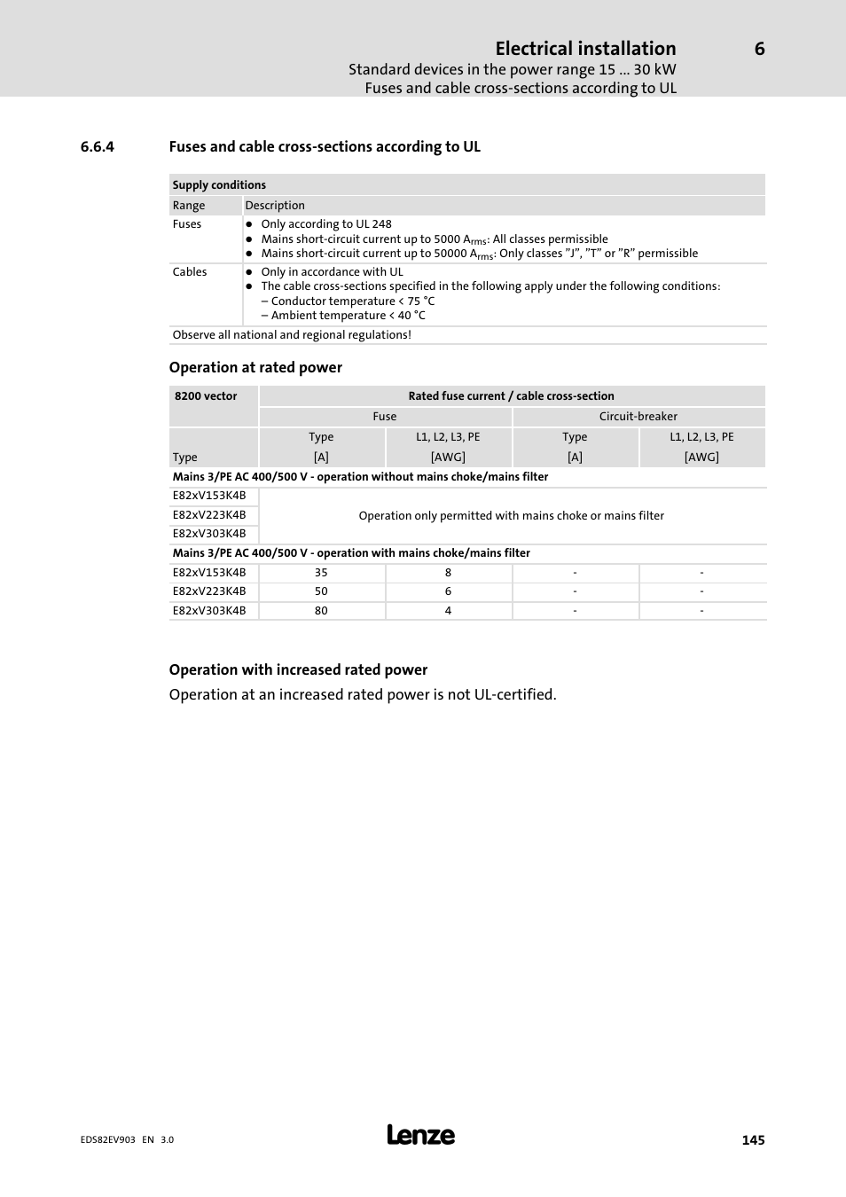 4 fuses and cable cross-sections according to ul, Fuses and cable cross−sections according to ul, Electrical installation | Lenze E82xVxxxKxxxxx User Manual | Page 145 / 548