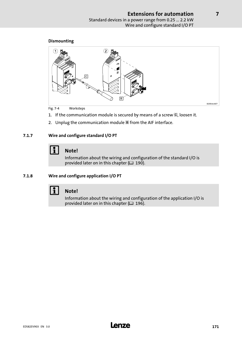 7 wire and configure standard i/o pt, 8 wire and configure application i/o pt, Wire and configure standard i/o pt | Wire and configure application i/o pt | Lenze E82xVxxxKxxxxx User Manual | Page 171 / 548