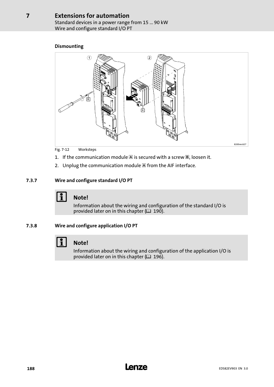 7 wire and configure standard i/o pt, 8 wire and configure application i/o pt, Wire and configure standard i/o pt | Wire and configure application i/o pt | Lenze E82xVxxxKxxxxx User Manual | Page 188 / 548